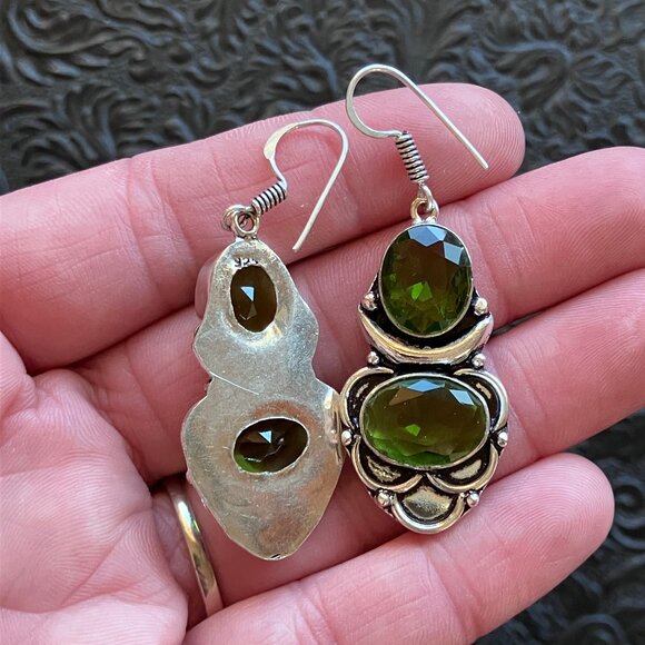 Green Peridot Witchy Crescent Moon Lunar Stone Crystal Jewelry Earrings - Picture 6 of 7